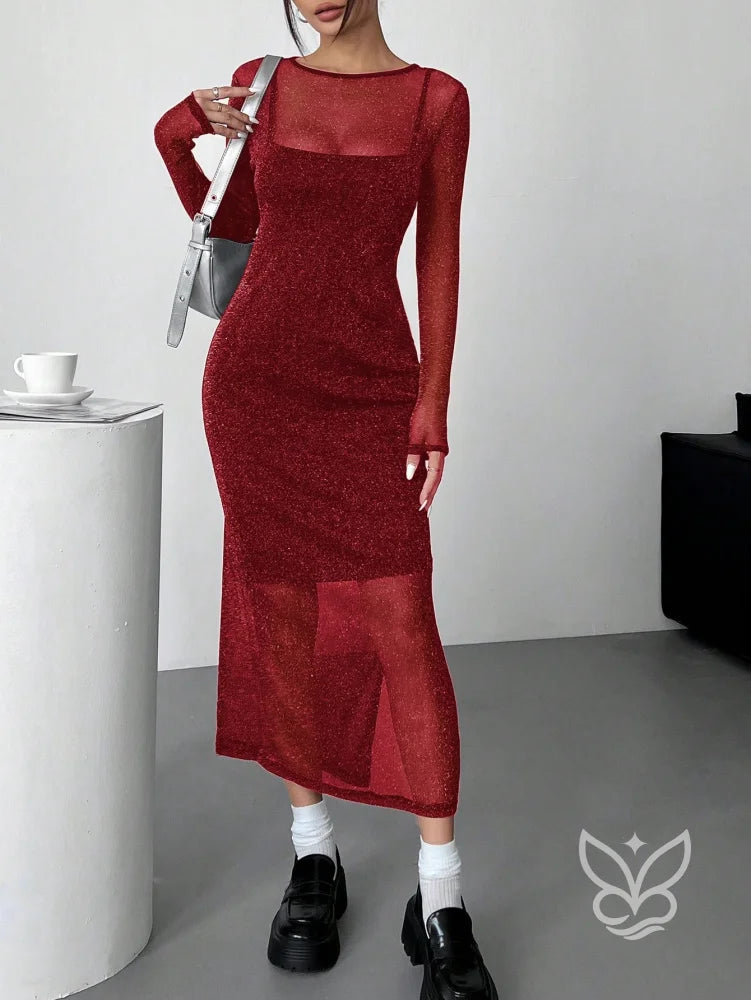 Vestido Midi Brilhante Com Camada Transparente Longa Vestido Midi Brilhante Com Camada Transparente Longa