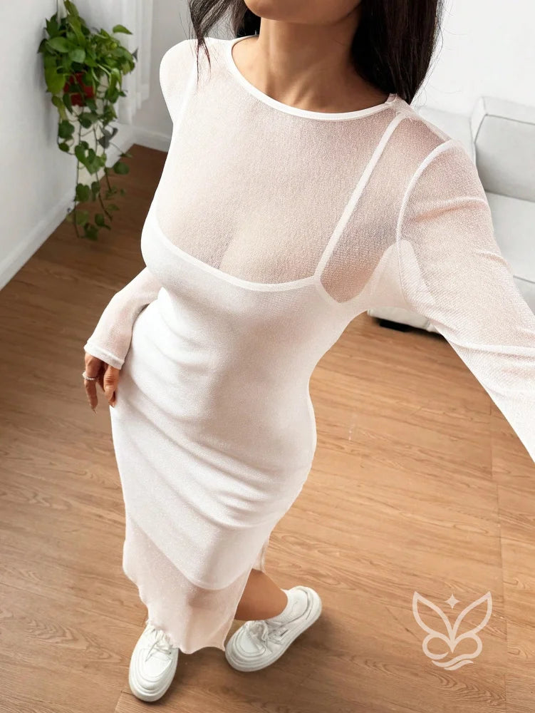 Vestido Midi Brilhante Com Camada Transparente Longa Vestido Midi Brilhante Com Camada Transparente Longa