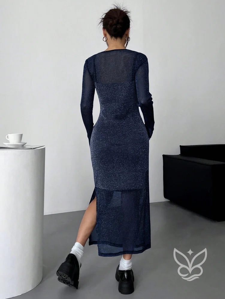 Vestido Midi Brilhante Com Camada Transparente Longa Vestido Midi Brilhante Com Camada Transparente Longa