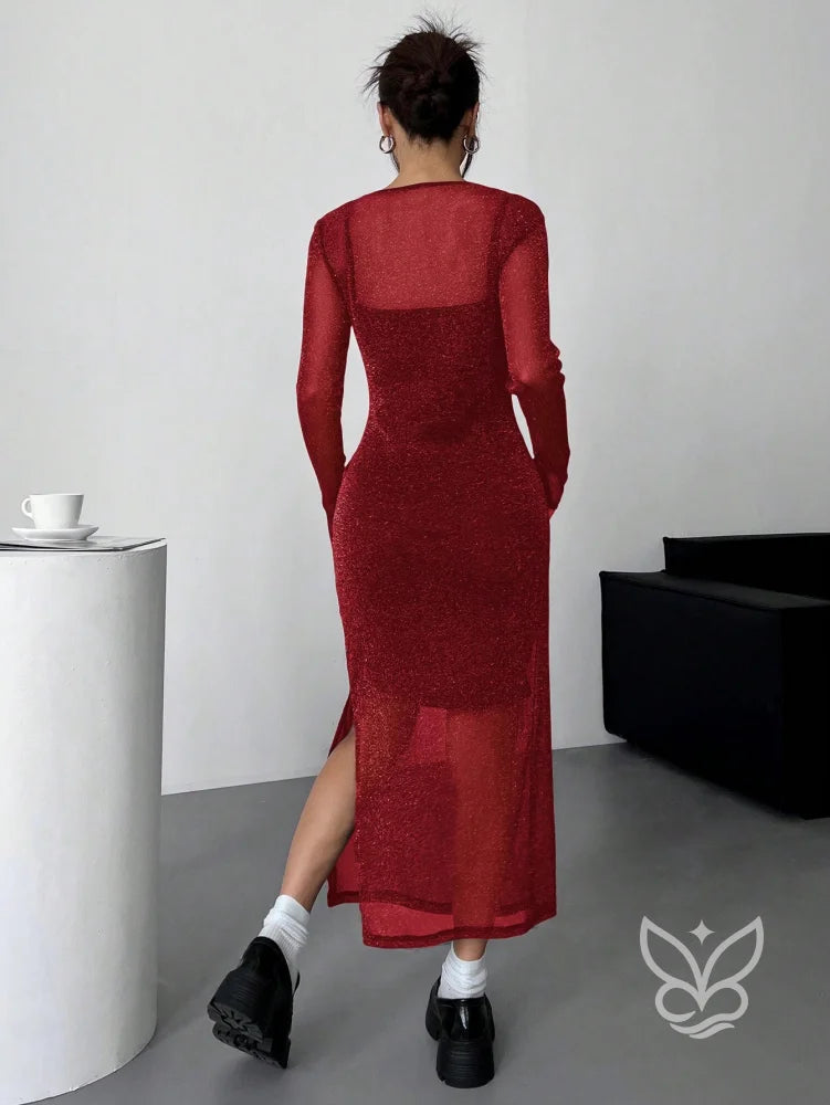 Vestido Midi Brilhante Com Camada Transparente Longa Vestido Midi Brilhante Com Camada Transparente Longa