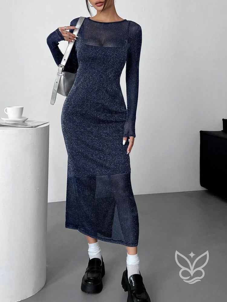 Vestido Midi Brilhante Com Camada Transparente Longa Vestido Midi Brilhante Com Camada Transparente Longa