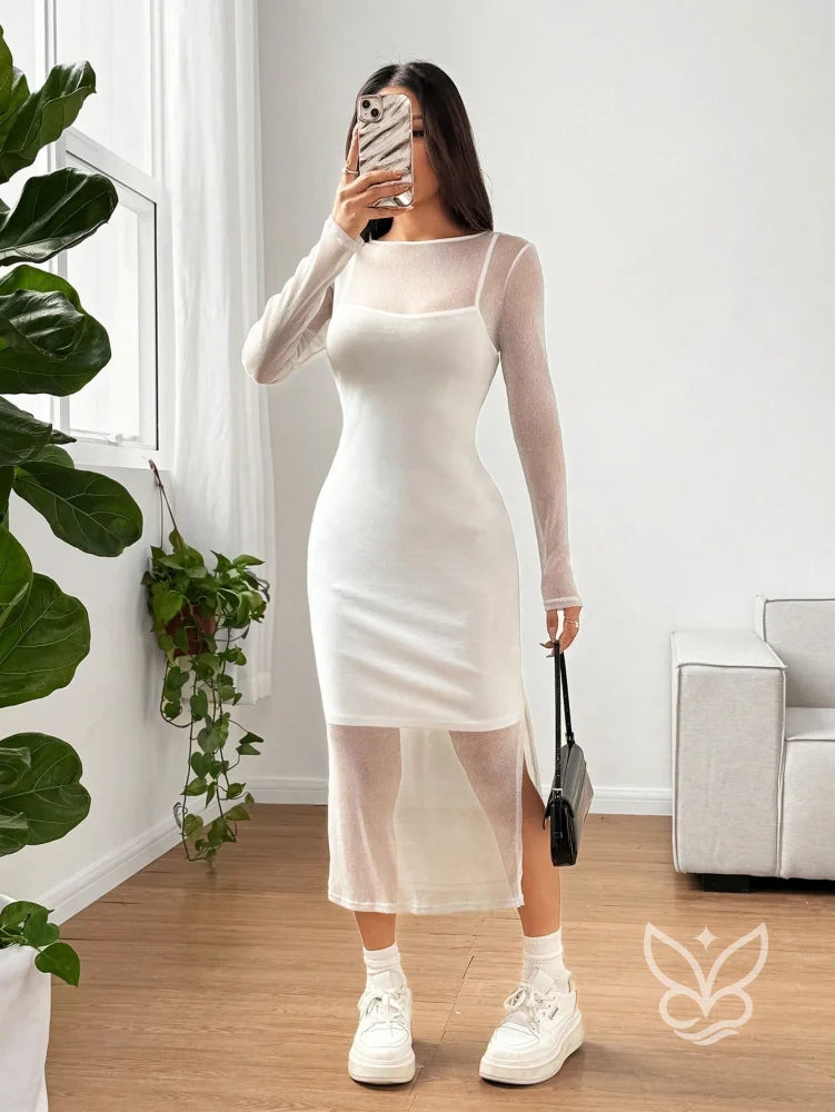 Vestido Midi Brilhante Com Camada Transparente Longa Vestido Midi Brilhante Com Camada Transparente Longa