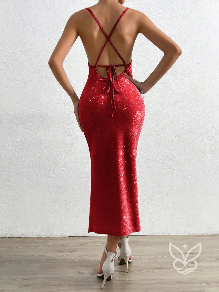 Vestido Midi Brilhante Com Fenda E Decote Drapeado Vestido Midi Brilhante Com Fenda E Decote Drapeado