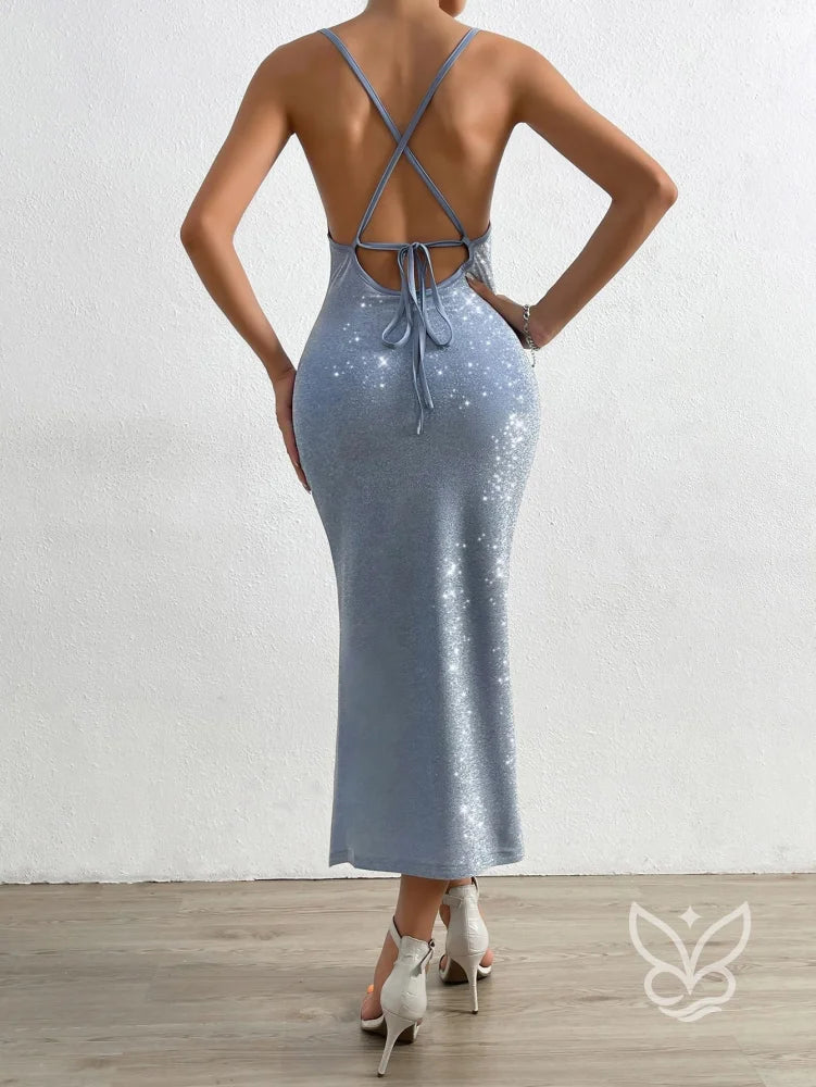 Vestido Midi Brilhante Com Fenda E Decote Drapeado Vestido Midi Brilhante Com Fenda E Decote Drapeado