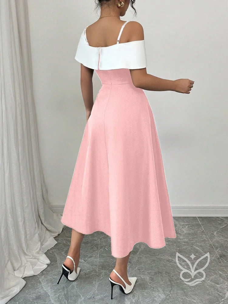 Vestido Midi Com Alças Finas E Ombro Assimétrico Elegante Vestido Midi Com Alças Finas E Ombro Assimétrico Elegante