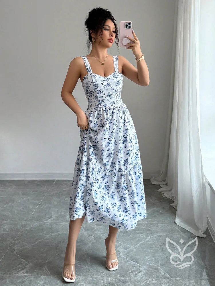 Vestido Midi Estampado Com Alça Larga E Saia Rodada Vestido Midi Estampado Com Alça Larga E Saia Rodada