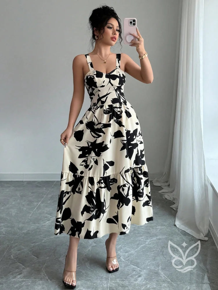 Vestido Midi Estampado Com Alça Larga E Saia Rodada Vestido Midi Estampado Com Alça Larga E Saia Rodada