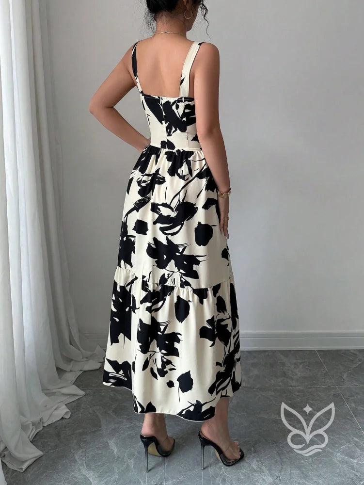 Vestido Midi Estampado Com Alça Larga E Saia Rodada Vestido Midi Estampado Com Alça Larga E Saia Rodada