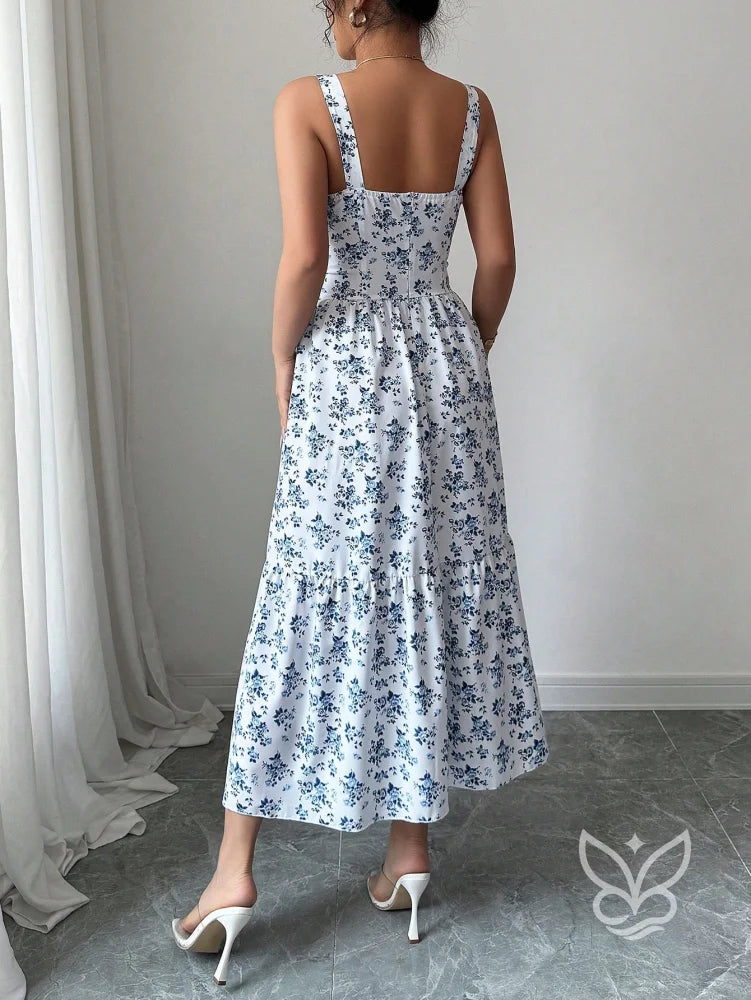 Vestido Midi Estampado Com Alça Larga E Saia Rodada Vestido Midi Estampado Com Alça Larga E Saia Rodada