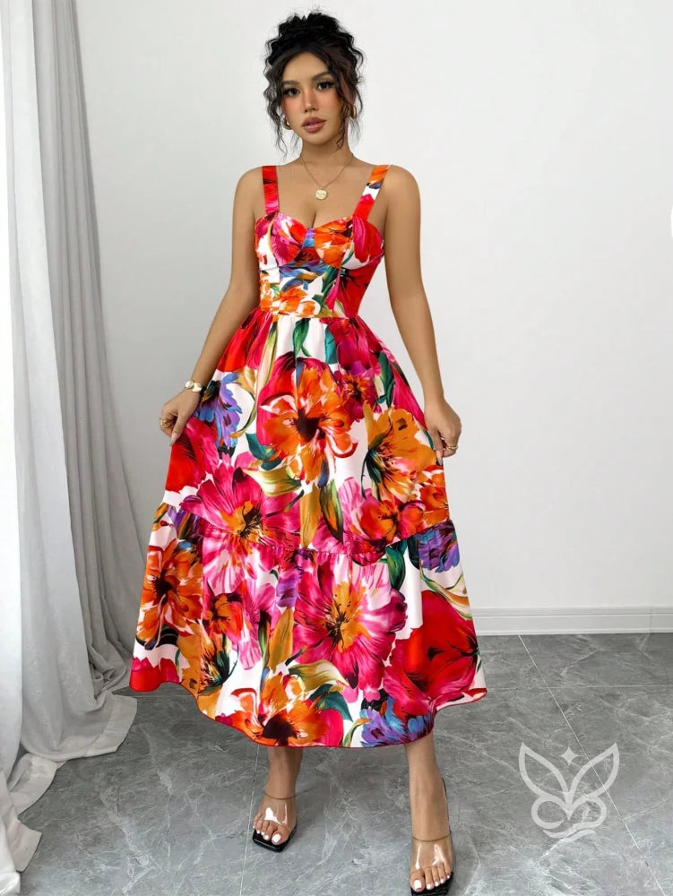 Vestido Midi Estampado Com Alça Larga E Saia Rodada Vestido Midi Estampado Com Alça Larga E Saia Rodada