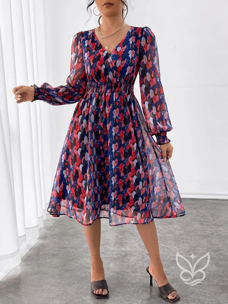 Vestido Midi Estampado Com Manga Longa E Cintura Marcada Vestido Midi Estampado Com Manga Longa E Cintura Marcada