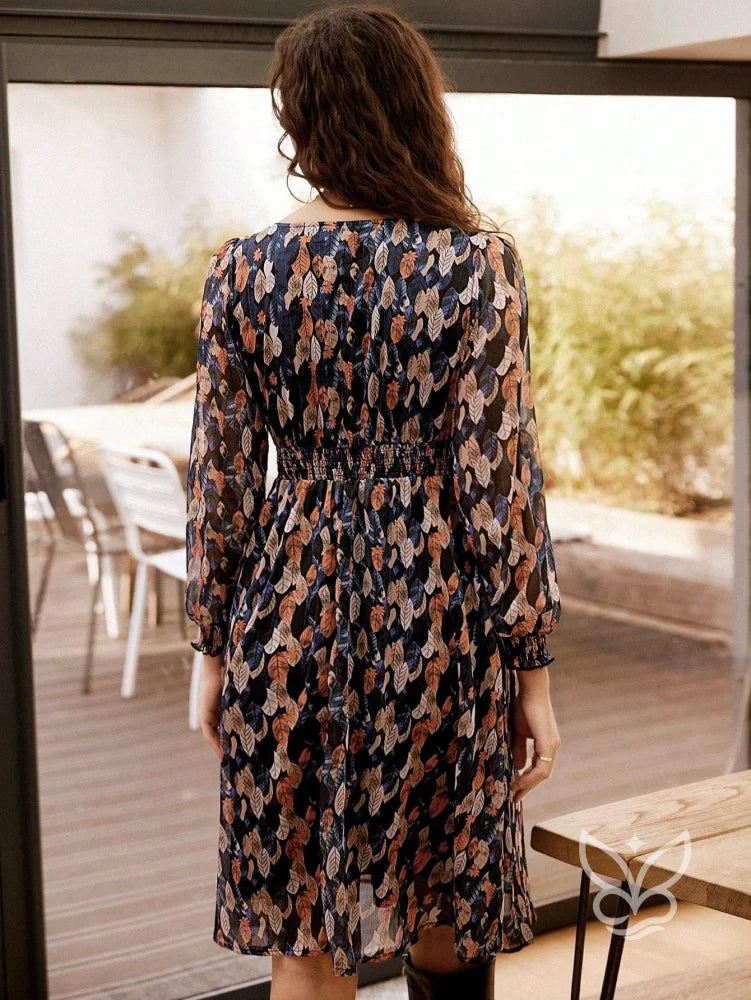 Vestido Midi Estampado Com Manga Longa E Cintura Marcada Vestido Midi Estampado Com Manga Longa E Cintura Marcada