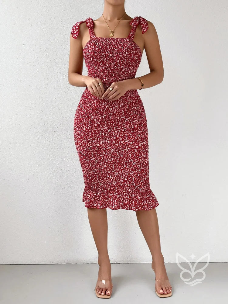 Vestido Midi Justo Com Alça Laço E Franzido Vestido Midi Justo Com Alça Laço E Franzido