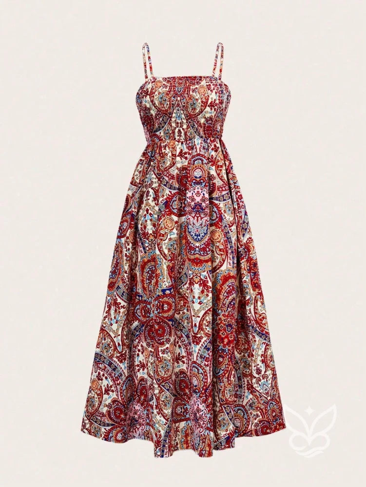 Vestido Midi Justo Estampado Com Alça Fina E Saia Fluida Vestido Midi Justo Estampado Com Alça Fina E Saia Fluida