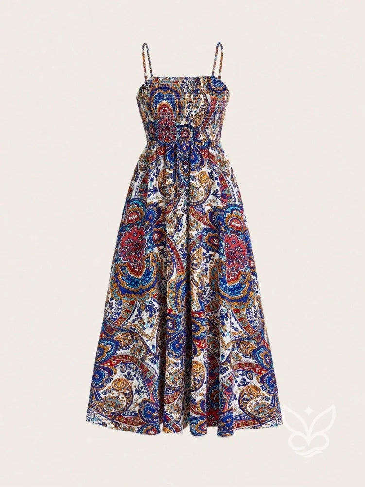 Vestido Midi Justo Estampado Com Alça Fina E Saia Fluida Vestido Midi Justo Estampado Com Alça Fina E Saia Fluida