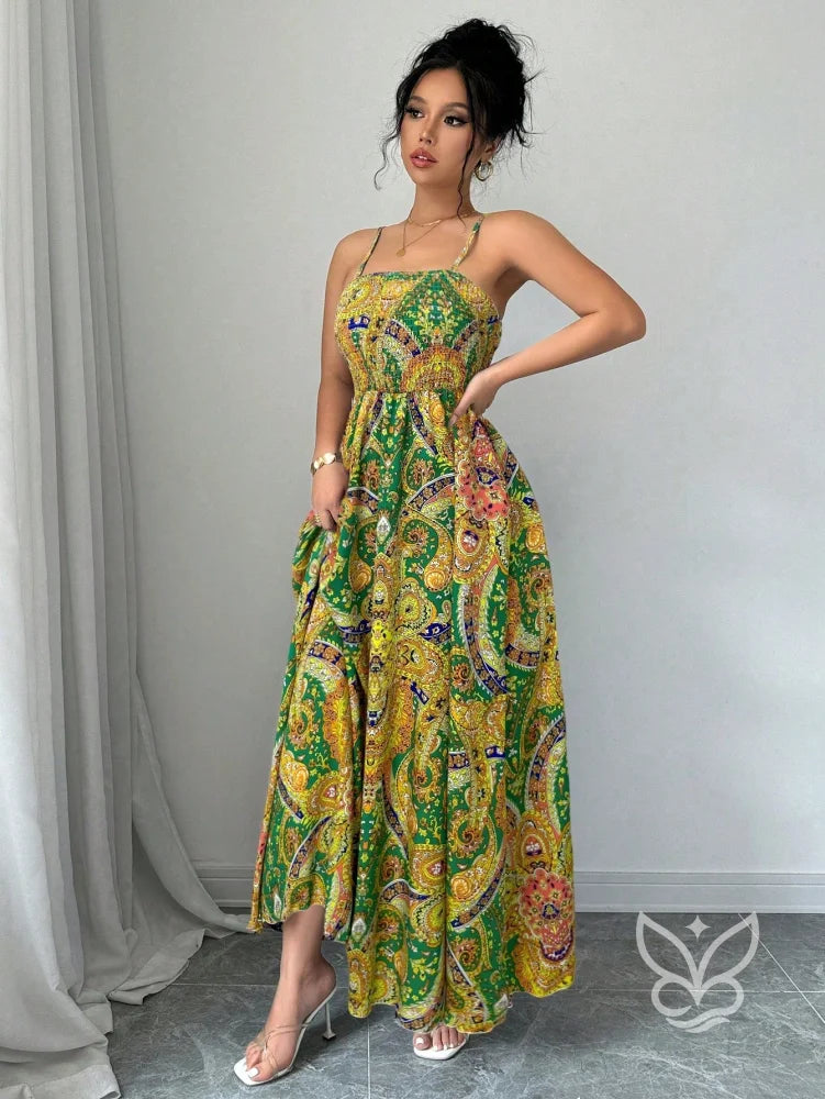 Vestido Midi Justo Estampado Com Alça Fina E Saia Fluida Vestido Midi Justo Estampado Com Alça Fina E Saia Fluida