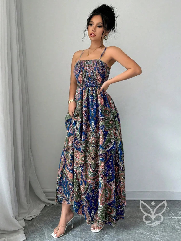 Vestido Midi Justo Estampado Com Alça Fina E Saia Fluida Vestido Midi Justo Estampado Com Alça Fina E Saia Fluida