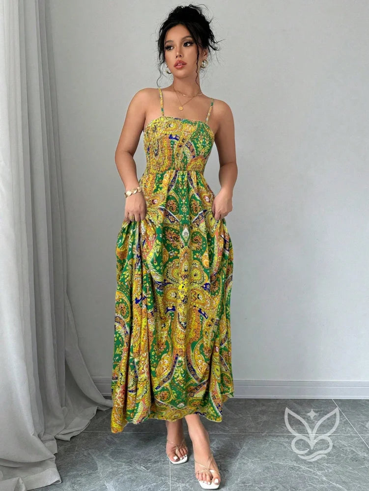 Vestido Midi Justo Estampado Com Alça Fina E Saia Fluida Vestido Midi Justo Estampado Com Alça Fina E Saia Fluida