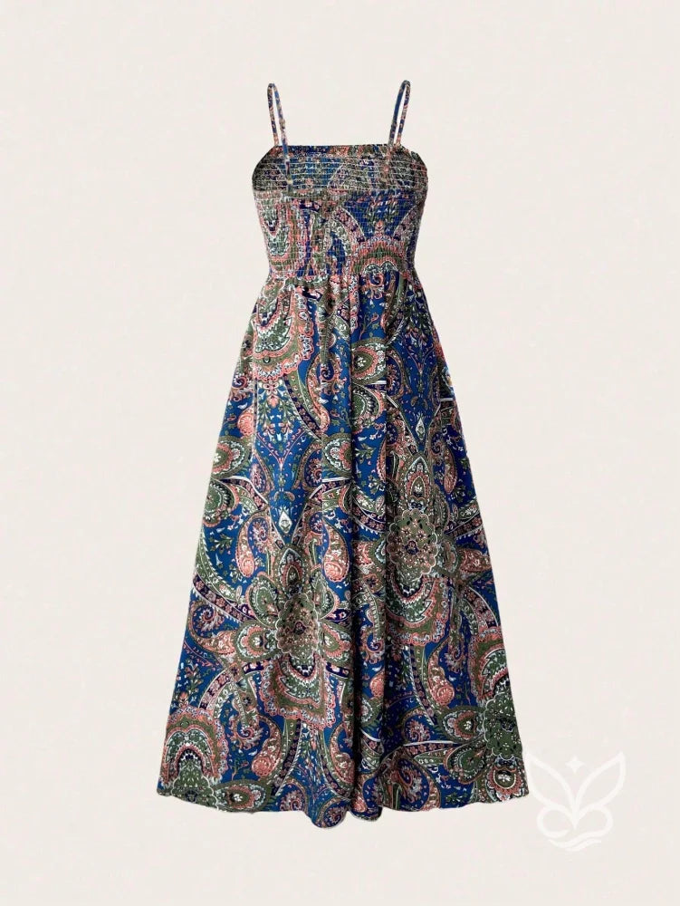Vestido Midi Justo Estampado Com Alça Fina E Saia Fluida Vestido Midi Justo Estampado Com Alça Fina E Saia Fluida