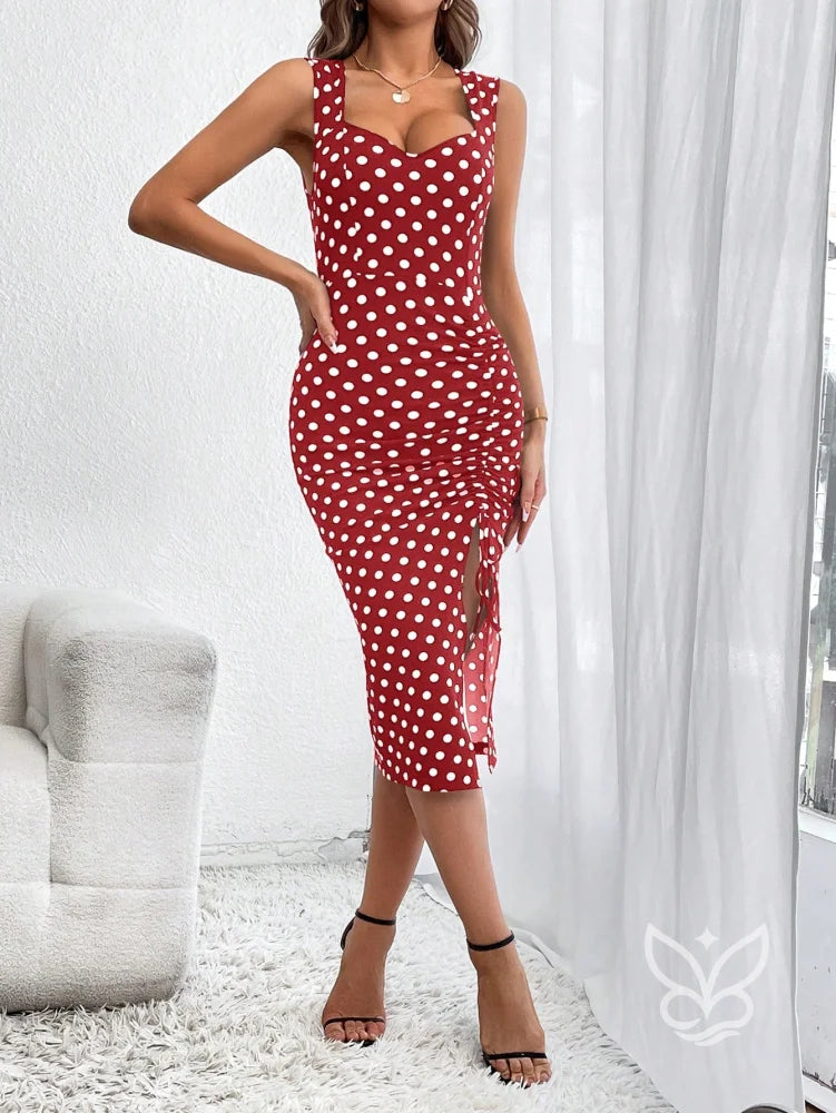 Vestido Poá Com Cordão Fenda Lateral Ajustável Elegante Vestido Poá Com Cordão Fenda Lateral Ajustável Elegante