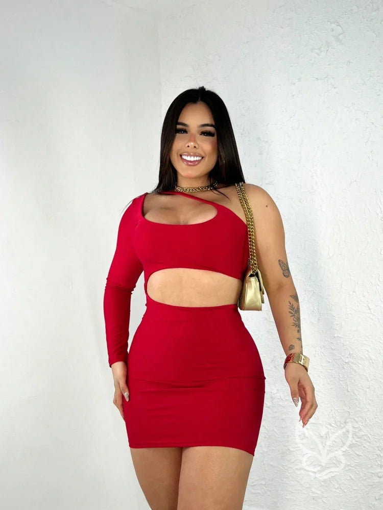Vestido Um Ombro Só com Recorte e Fenda Frontal Vermelho / P Vestido Um Ombro Só com Recorte e Fenda Frontal