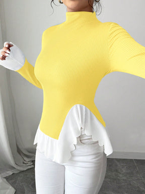 Blusa Manga Longa Com Gola Alta E Barra Assimétrica