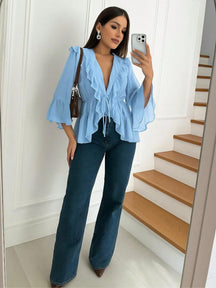 Blusa Peplum De Tule Com Manga Flare E Estilo Boho