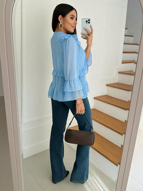 Blusa Peplum De Tule Com Manga Flare E Estilo Boho