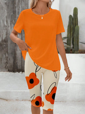 Conjunto Casual Com Blusa Básica E Legging Estampada Floral