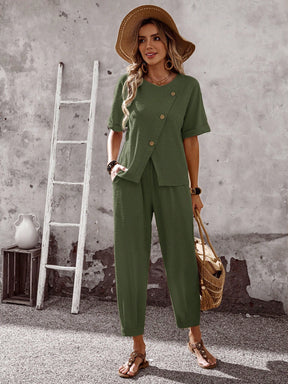 Conjunto Loungewear De Viscose Com Botões Laterais E Calça Jogger