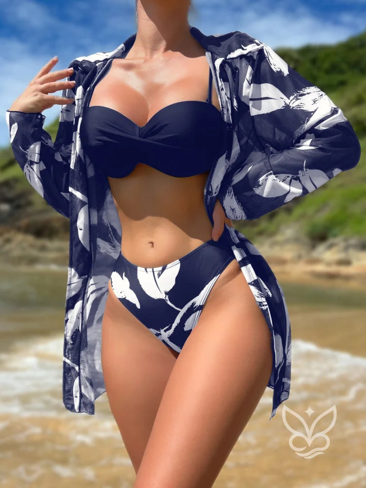 Biquíni Bandeau Push Up Com Saída Saia Peplum Azul Marinho / PP Biquíni Bandeau Push Up Com Saída Saia Peplum