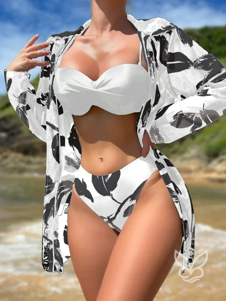 Biquíni Bandeau Push Up Com Saída Saia Peplum Branco / PP Biquíni Bandeau Push Up Com Saída Saia Peplum