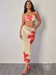 Biquíni Bandeau Triângulo Com Saída Saia Longa Damasco / PP Biquíni Bandeau Triângulo Com Saída Saia Longa