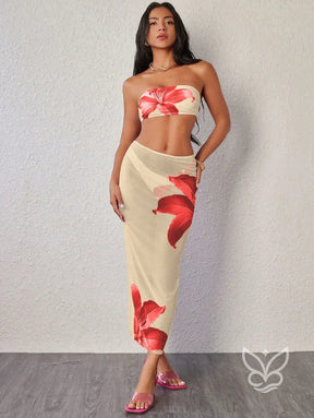 Biquíni Bandeau Triângulo Com Saída Saia Longa Damasco / PP Biquíni Bandeau Triângulo Com Saída Saia Longa