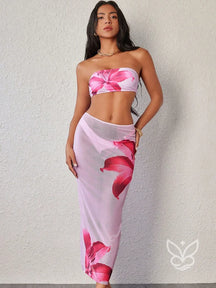 Biquíni Bandeau Triângulo Com Saída Saia Longa Rosa Chiclete / PP Biquíni Bandeau Triângulo Com Saída Saia Longa