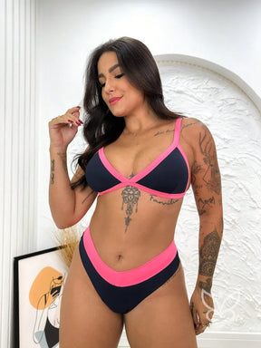 Biquíni Bicolor Com Top Triângulo E Cintura Alta Rosa Pink / PP Biquíni Bicolor Com Top Triângulo E Cintura Alta
