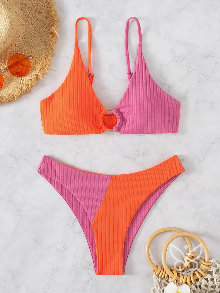 Biquíni Bicolor Texturizado Com Argola Central Laranja / PP Biquíni Bicolor Texturizado Com Argola Central