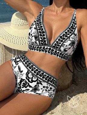 Biquíni Estampado Com Cintura Alta E Top Alongado Preto / PP Biquíni Estampado Com Cintura Alta E Top Alongado