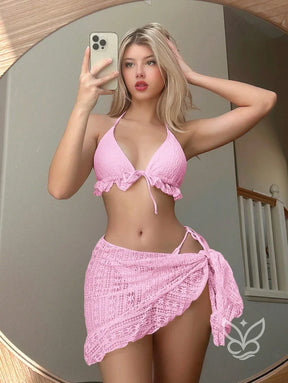 Biquíni Halter Com Babado E Saída Saia Praia Rosa Chiclete / PP Biquíni Halter Com Babado E Saída Saia Praia