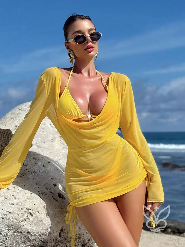Biquíni Halter Strap Sexy Com Saída Vestido Beach Amarela / PP Biquíni Halter Strap Sexy Com Saída Vestido Beach