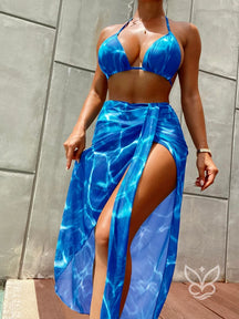 Biquíni Halter Triângulo Com Saída Saia Tie Dye Azul / PP Biquíni Halter Triângulo Com Saída Saia Tie Dye