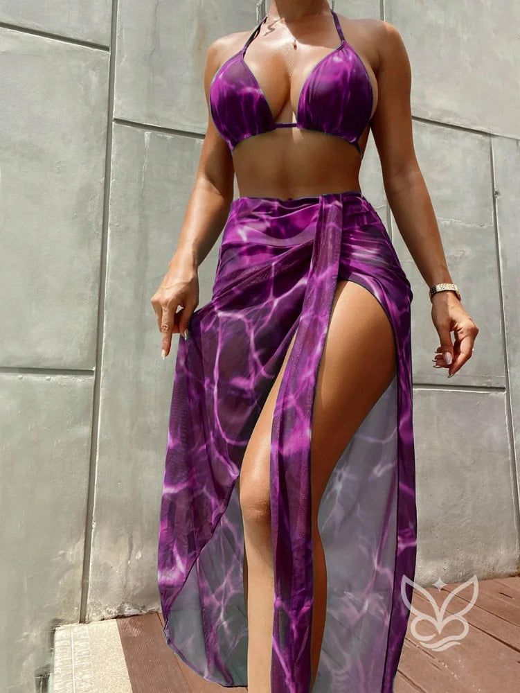 Biquíni Halter Triângulo Com Saída Saia Tie Dye Roxo / PP Biquíni Halter Triângulo Com Saída Saia Tie Dye