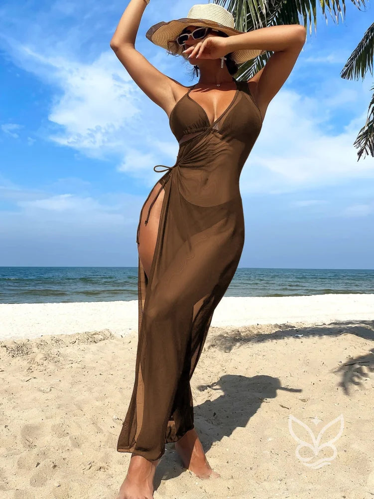 Biquíni Halter Triângulo Cutout Lateral Com Saída Vestido Café / PP Biquíni Halter Triângulo Cutout Lateral Com Saída