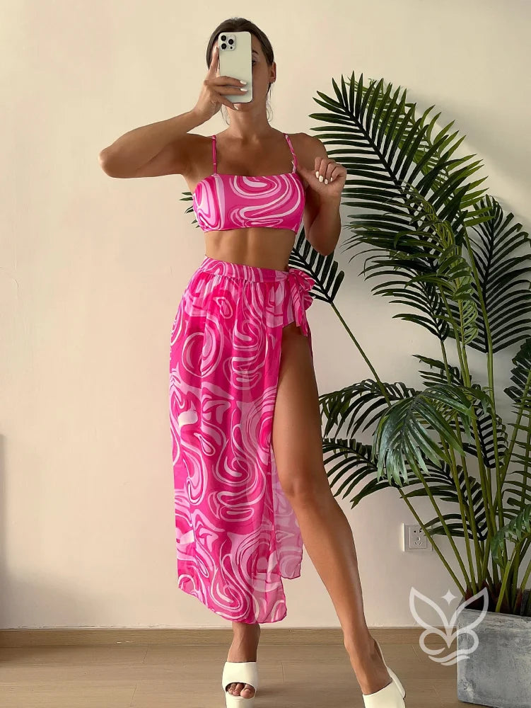 Biquíni Top Cami Cintura Alta Com Saia Praia Rosa / PP Biquíni Top Cami Cintura Alta Com Saia Praia