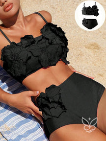 Biquíni Top Floral Com Calcinha Cintura Alta Preto / PP Biquíni Top Floral Com Calcinha Cintura Alta