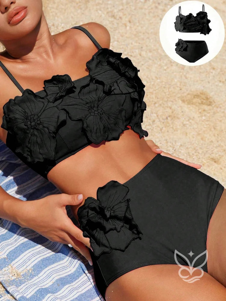 Biquíni Top Floral Com Calcinha Cintura Alta Preto / PP Biquíni Top Floral Com Calcinha Cintura Alta