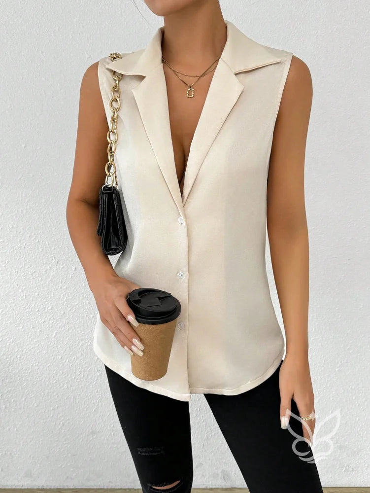 Blusa Alfaiatada Sem Manga Com Gola Lapela Elegante Damasco / PP Blusa Alfaiatada Sem Manga Com Gola Lapela Elegante