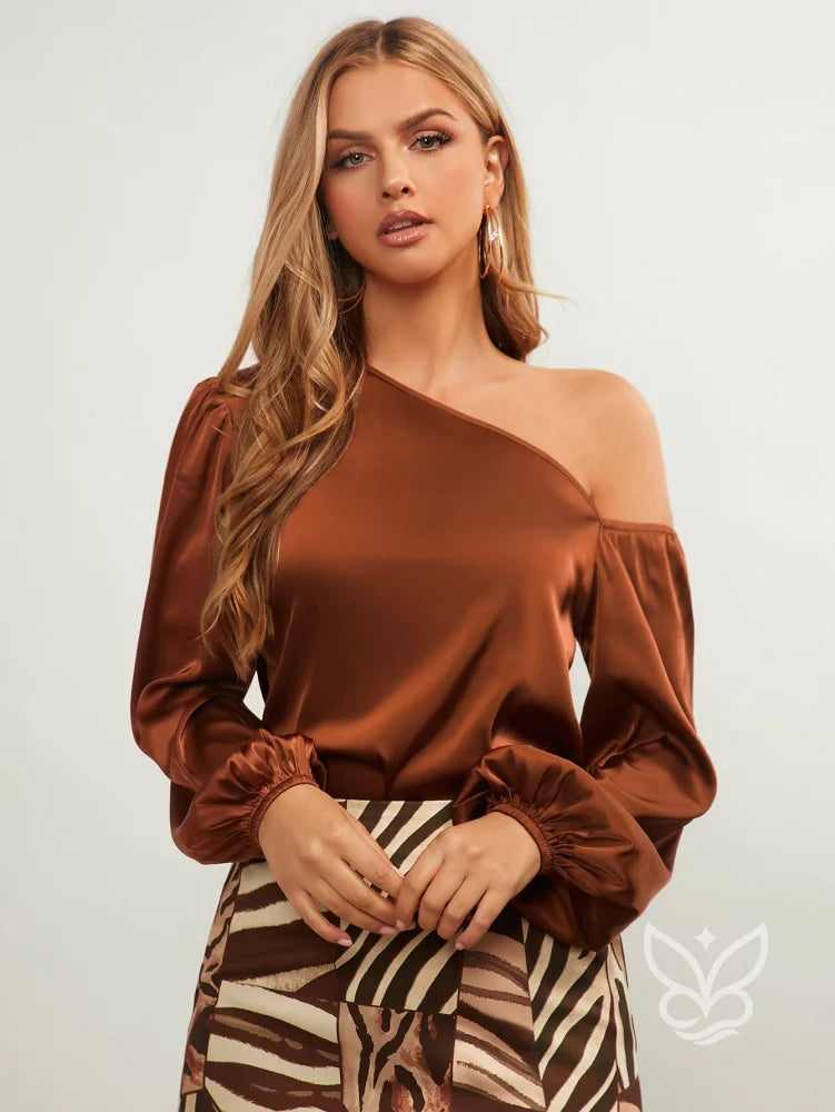 Blusa Assimétrica De Cetim Com Manga Lanterna Castanho / PP Blusa Assimétrica De Cetim Com Manga Lanterna
