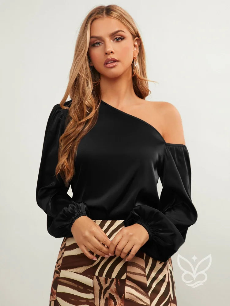 Blusa Assimétrica De Cetim Com Manga Lanterna Preto / PP Blusa Assimétrica De Cetim Com Manga Lanterna