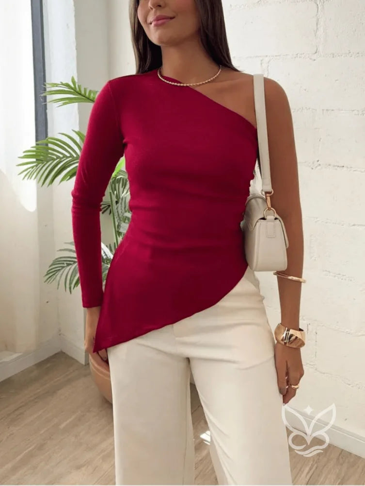 Blusa Assimétrica de Um Ombro com Manga Longa Blusa Assimétrica de Um Ombro com Manga Longa